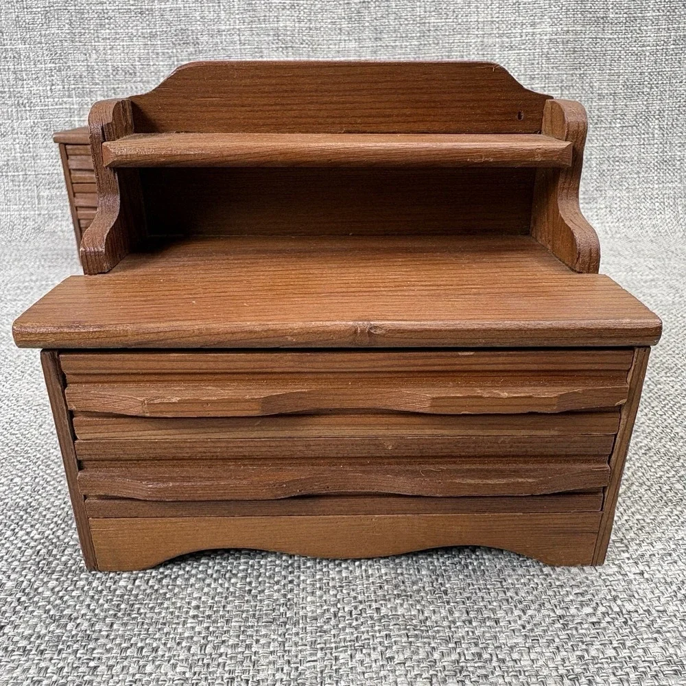 Vintage Miniature Wood Dollhouse Bedroom Furniture 4pc Bed Dresser‎ Hutch Trunk